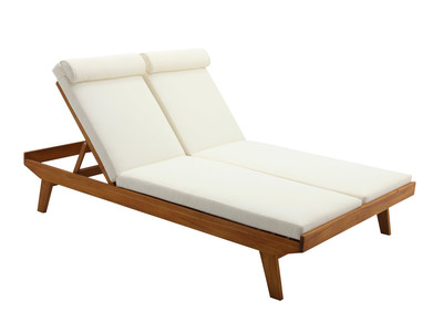 Bain de soleil double avec dossiers multipositions beige et bois massif L127 cm CARACAS