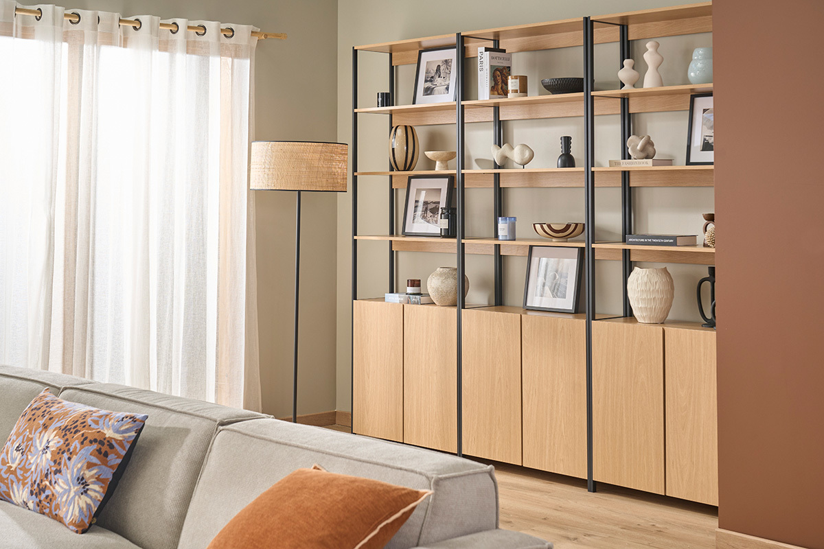 Biblioth�que avec rangements finition bois clair ch�ne et m�tal noir L80 cm MAXENCE