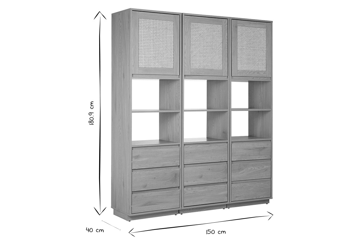 Biblioth�que noir et blanc avec portes en cannage, niches et tiroirs, dimensions 150x40x180,9 cm.