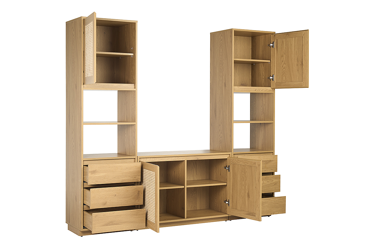 Biblioth�que SEVILLE en bois clair ch�ne avec portes et tiroirs ouverts, vue de 3/4.