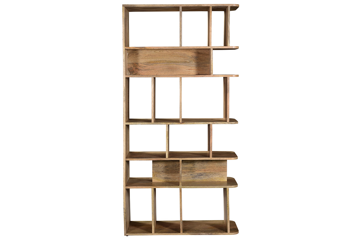 Biblioth�que en bois manguier massif vue de face avec �tag�res ouvertes.