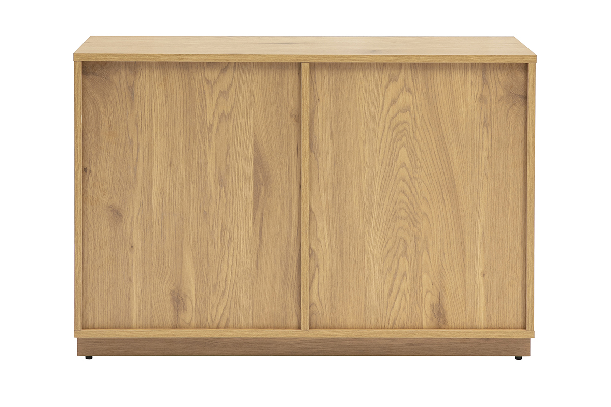 Buffet bas en bois clair ch�ne, deux portes, vue de dos.