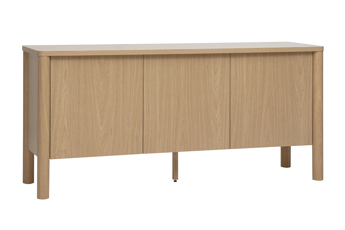 Buffet en bois clair ch�ne � trois portes, vue de 3/4, avec pieds cylindriques.