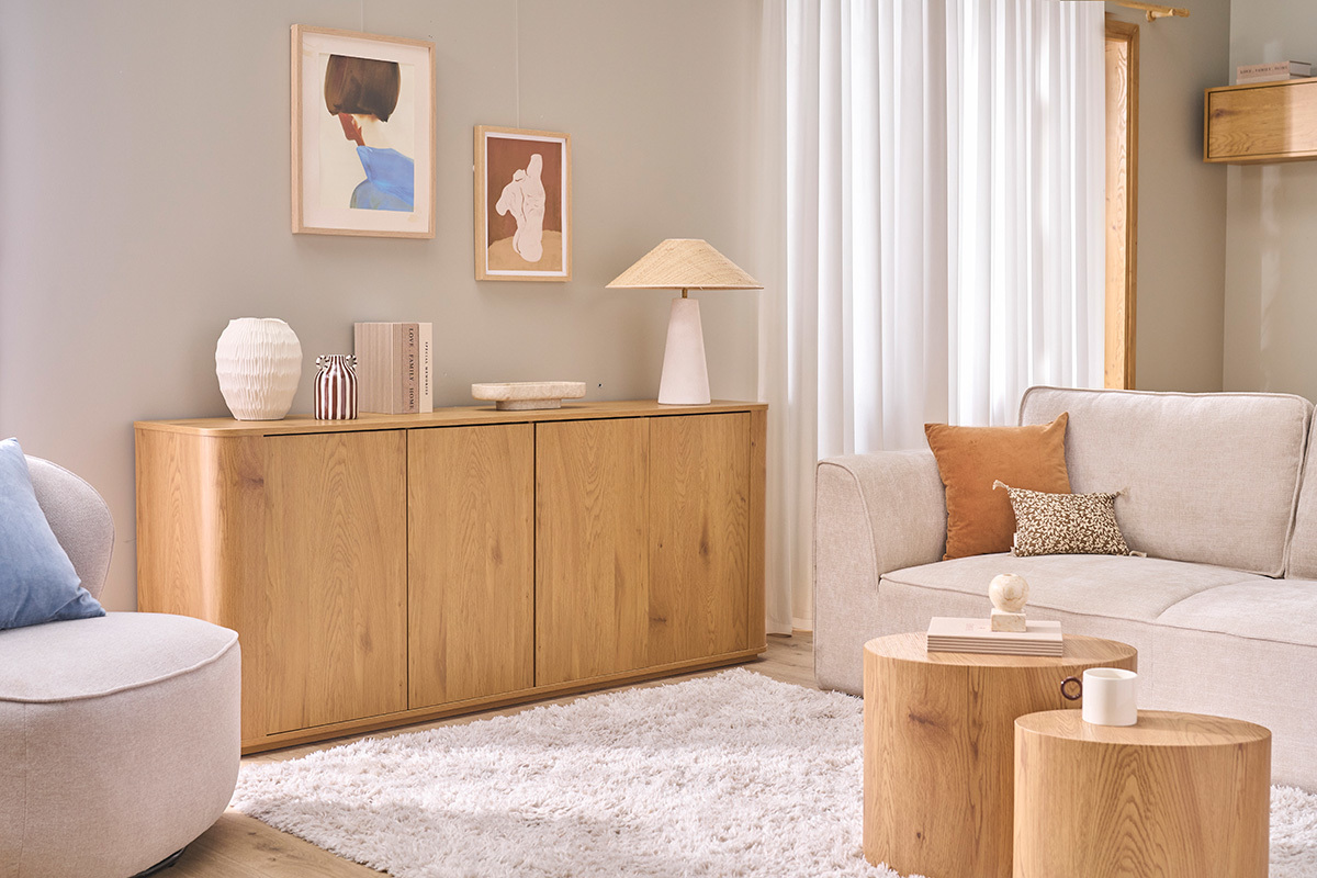 Buffet finition bois clair ch�ne 4 portes L180 cm NEGAN