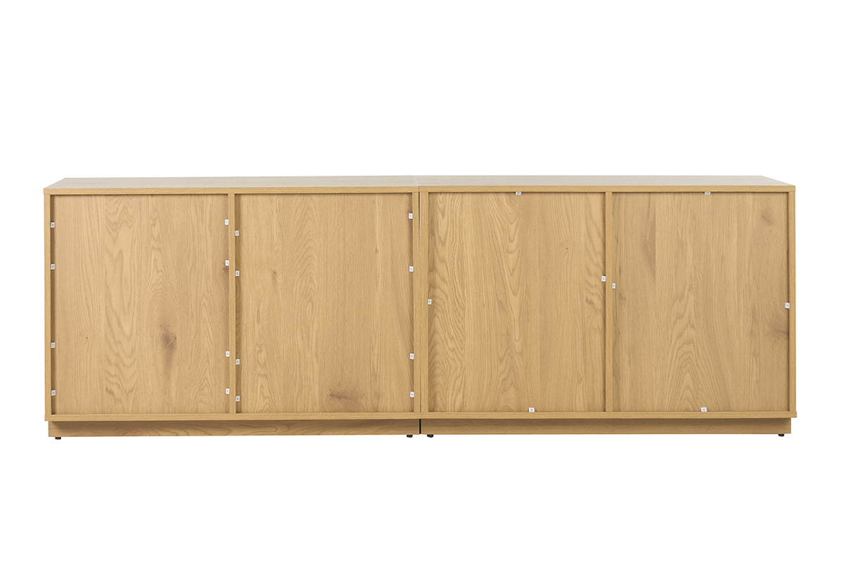 Buffet en bois clair ch�ne et cannage rotin, quatre portes, vue de dos.