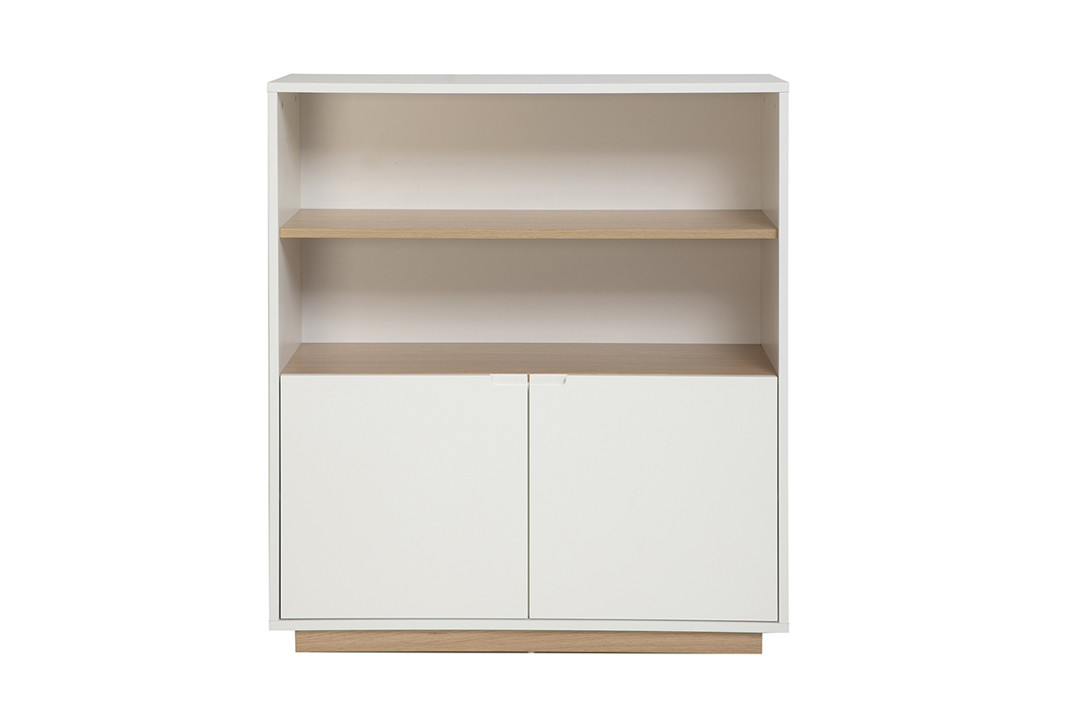 Buffet scandinave blanc et bois clair avec �tag�res et deux portes, vue de face.