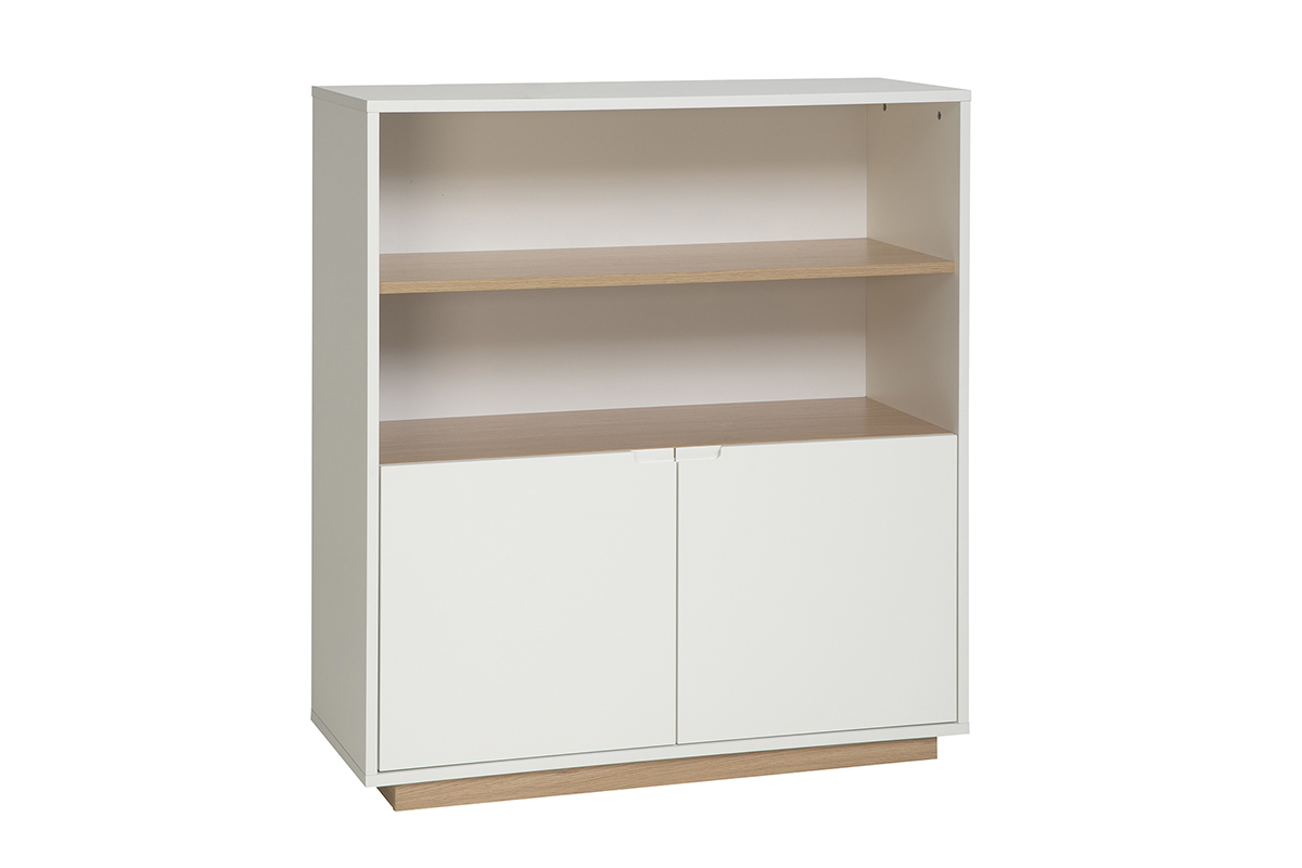 Buffet scandinave blanc avec finition bois clair, 2 portes, vue de 3/4.