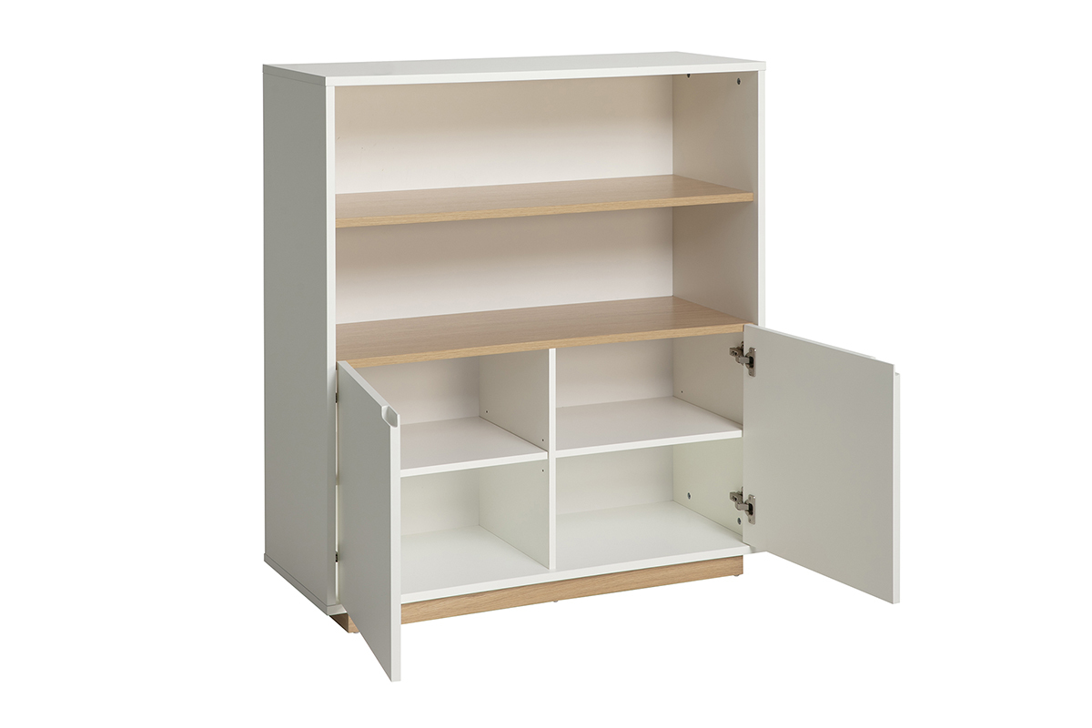 Buffet scandinave blanc avec finition bois clair, deux portes ouvertes, vue de 3/4
