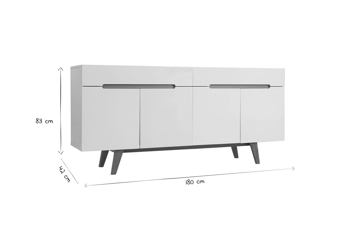 Buffet scandinave blanc laqu� brillant et finition bois clair 4 portes 2 tiroirs L180 cm MELKA