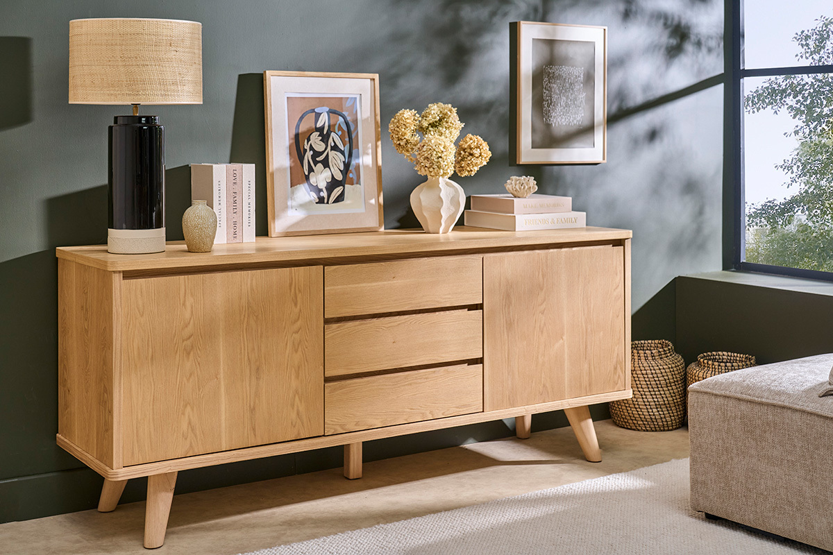 Buffet scandinave en bois clair fr�ne 2 portes 3 tiroirs L180 cm FIFTIES