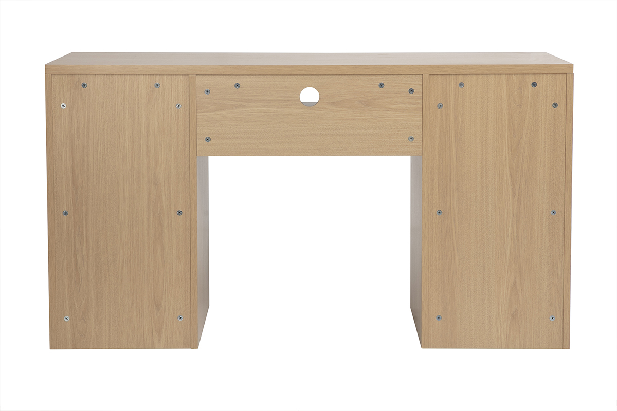 Bureau avec rangements finition bois clair ch�ne, vue de dos, incluant un tiroir et deux portes.