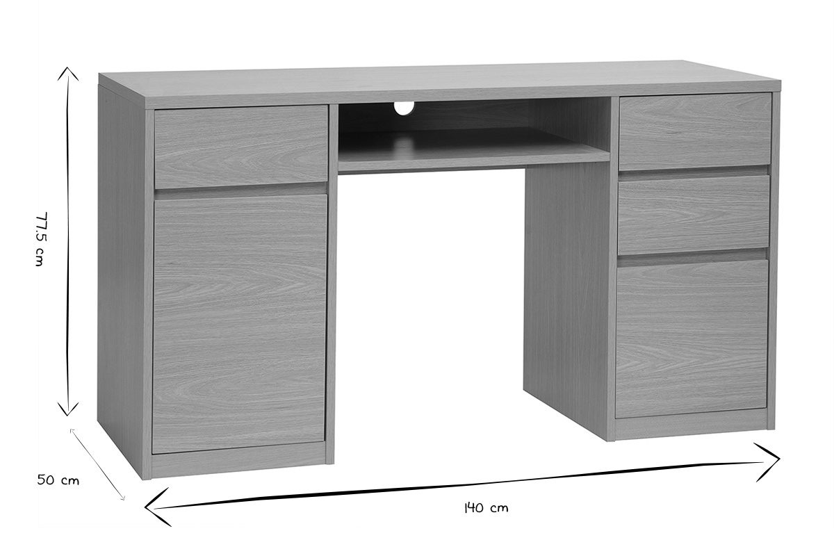 Dimensions du bureau JEREMIAH : 140 cm de large, 50 cm de profond, 77,5 cm de haut, en noir et blanc.