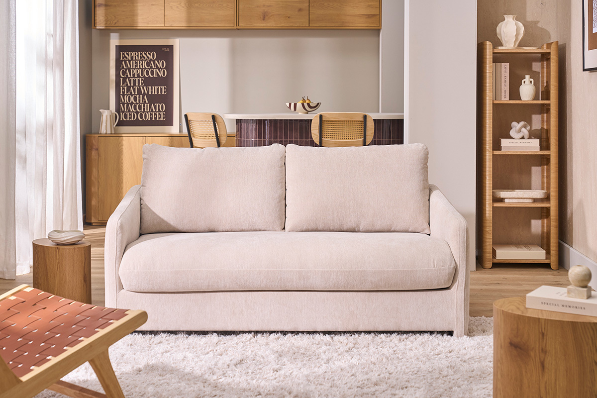 Canap� 2 places en tissu effet velours textur� beige PAULIN