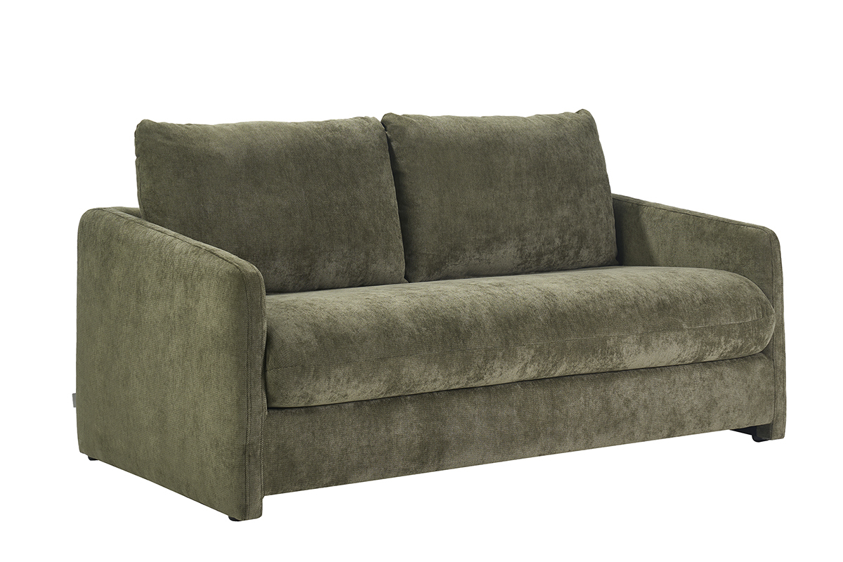 Canap� 2 places en tissu velours textur� vert kaki, vue de 3/4