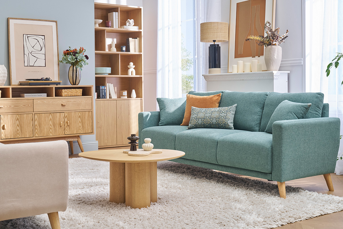 Canap� MUNIK 3 places en tissu terre br�l�e avec coussins, salon moderne.
