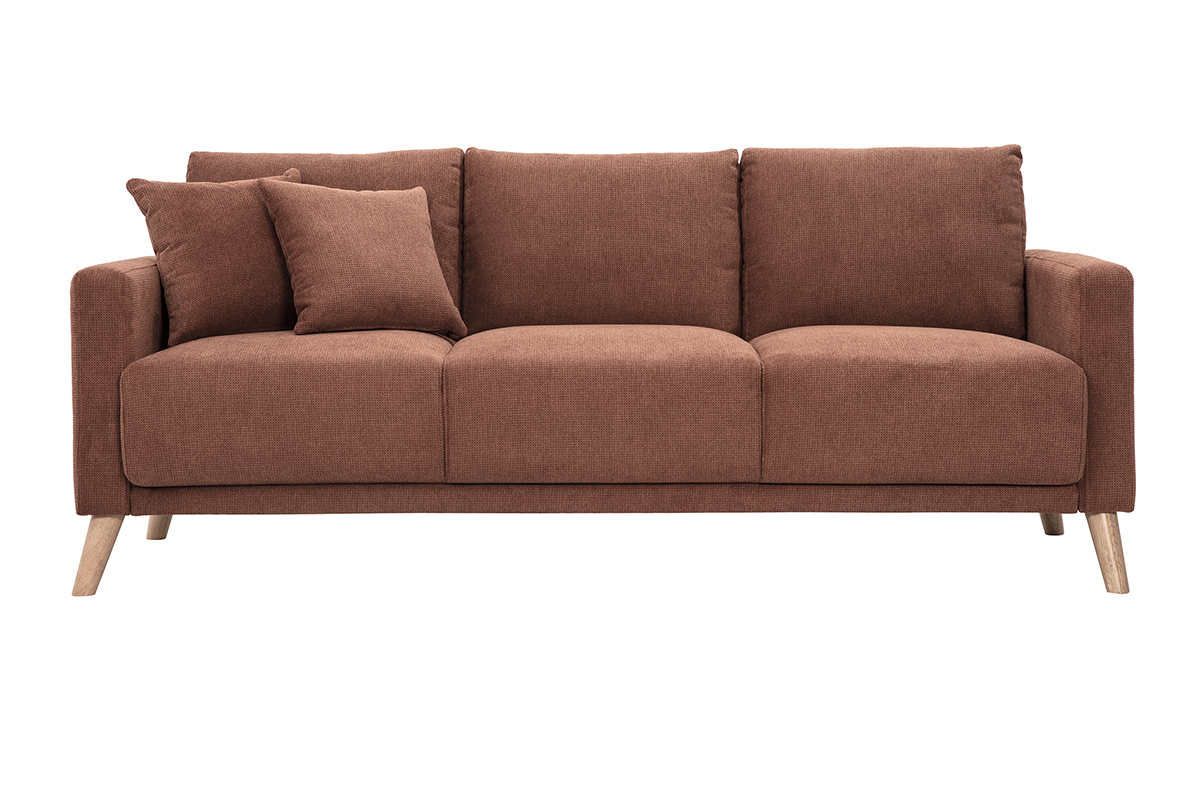 Canap� MUNIK 3 places en tissu brun, pieds en bois clair, vue de face.