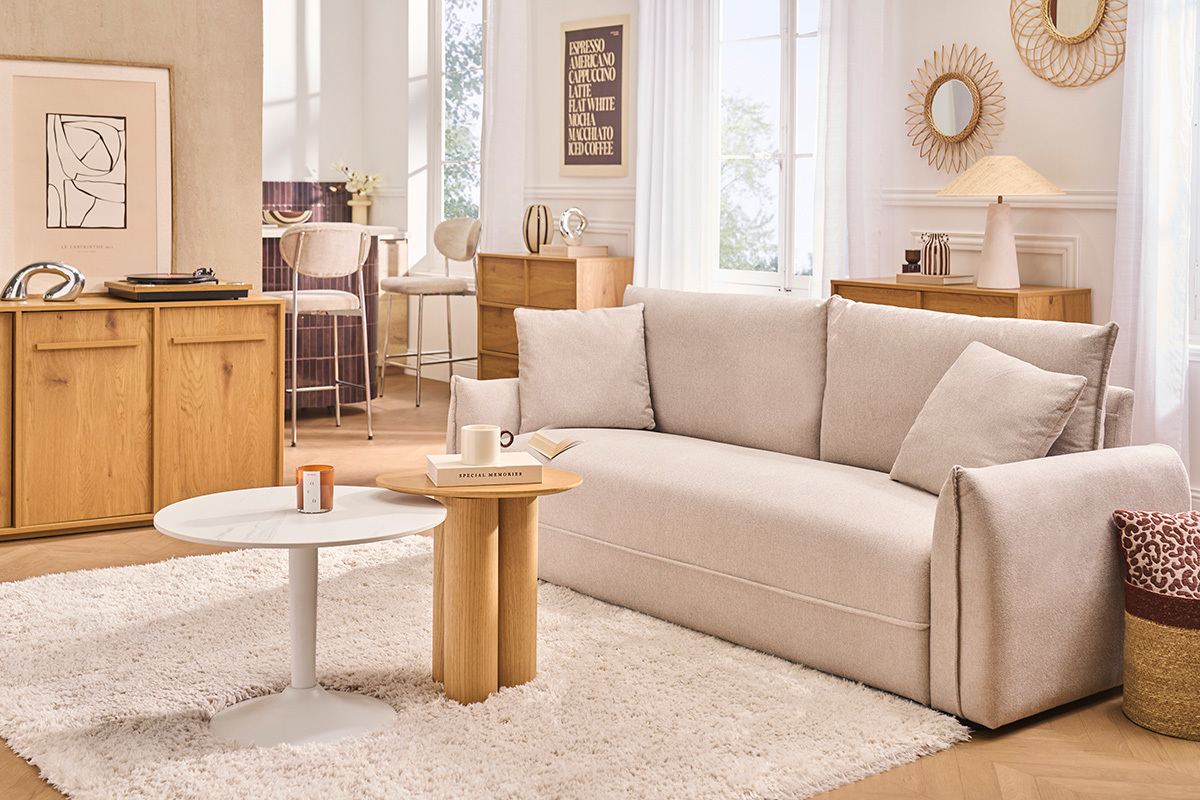 Canap� 3 places en tissu effet velours textur� beige PIO
