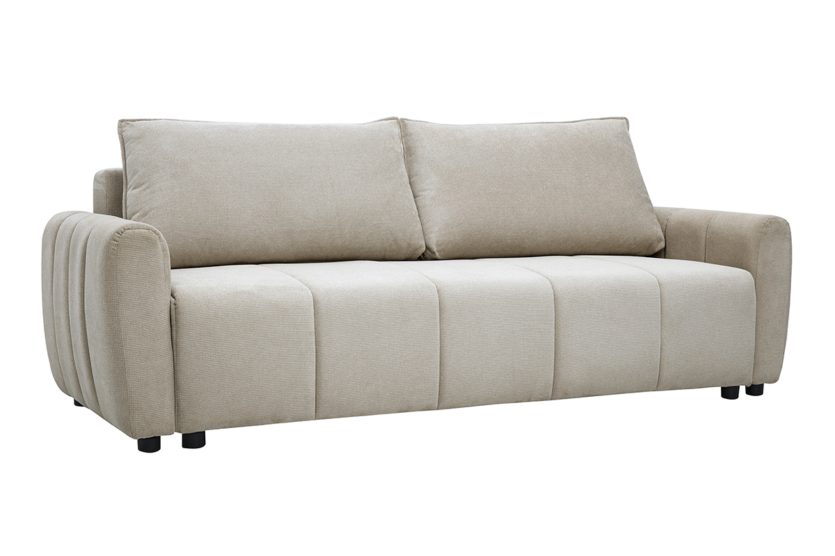 Canap� convertible 3 places en tissu chenille beige, vue de 3/4