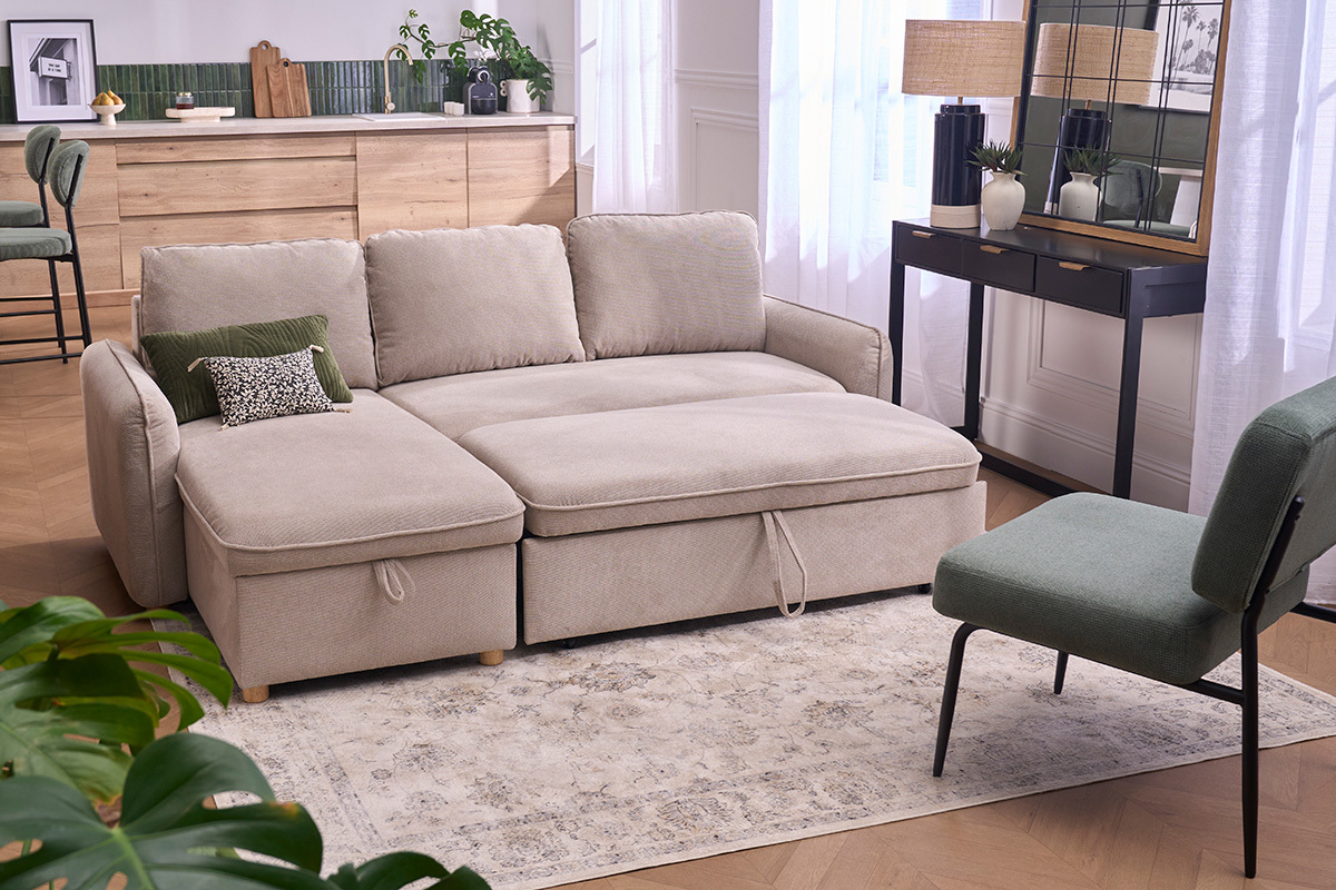 Canap� d'angle convertible r�versible avec coffre 3 places en tissu chenille beige et bois clair ORSO