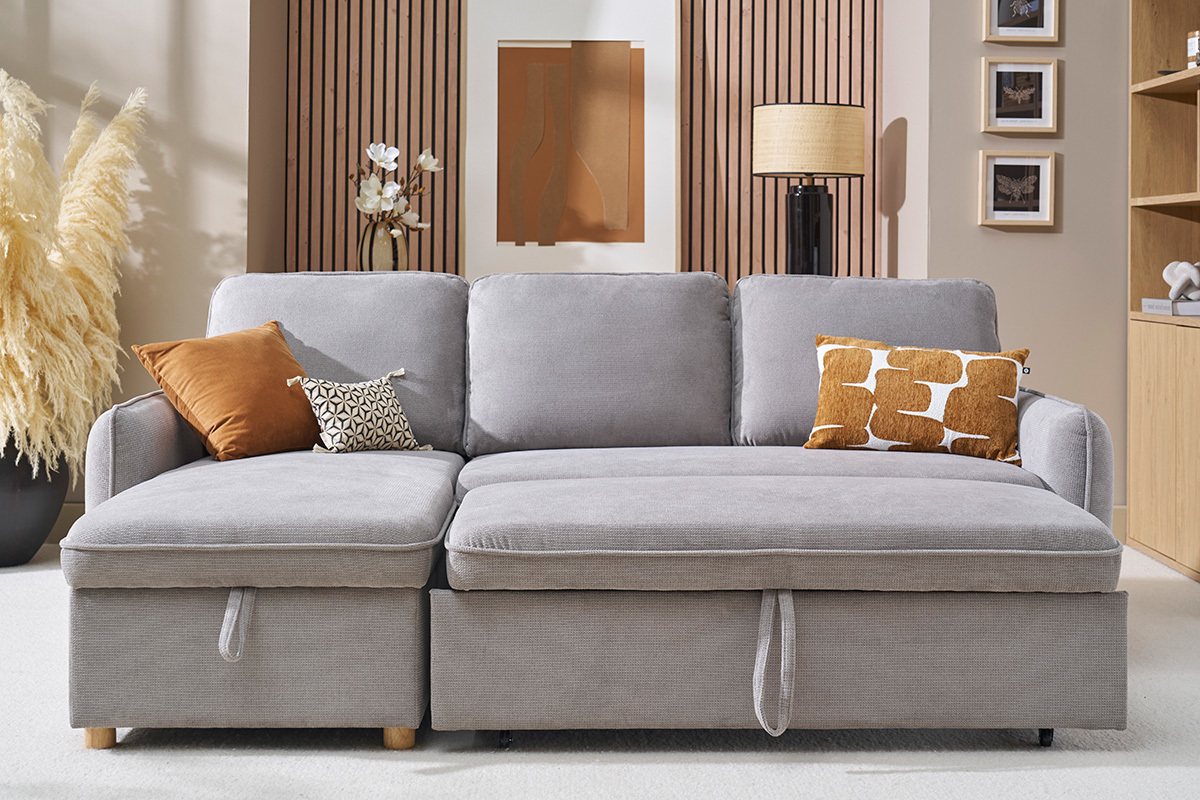 Canap� d'angle convertible r�versible avec coffre 3 places en tissu chenille gris et bois clair ORSO