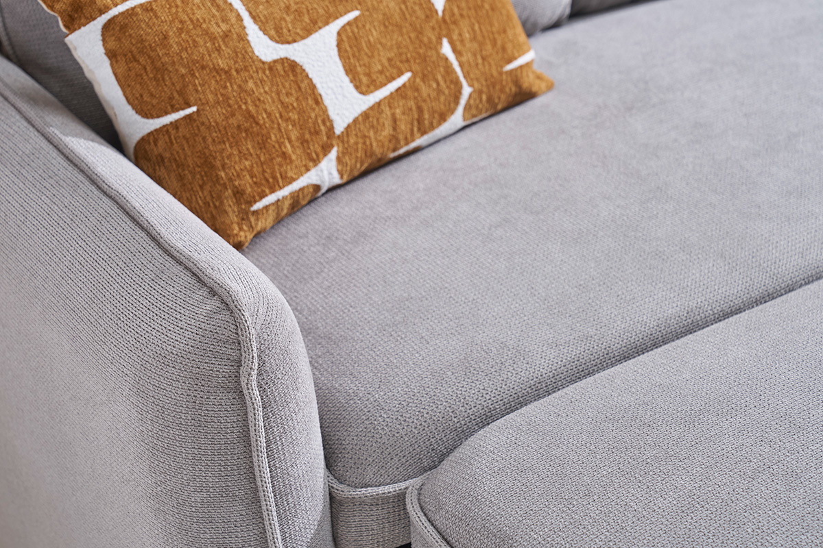 Canap� d'angle convertible r�versible avec coffre 3 places en tissu chenille gris et bois clair ORSO