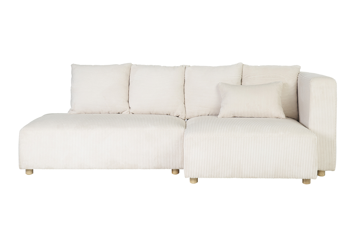Canap� d'angle droit 3 places en tissu velours c�tel� beige, vue de face