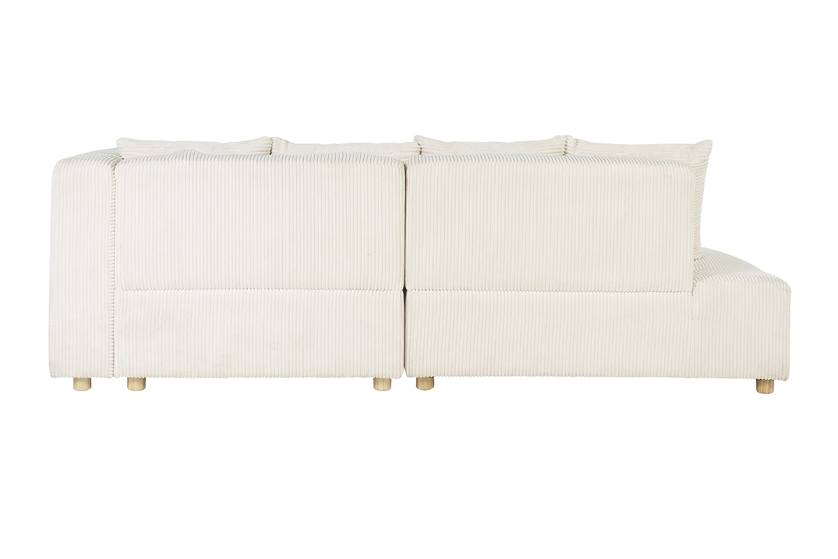 Canap� d'angle droit 3 places en tissu velours c�tel� beige, vue de dos.