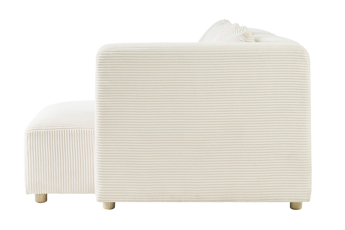 Canap� d'angle droit 3 places en tissu velours c�tel� beige, vue de profil