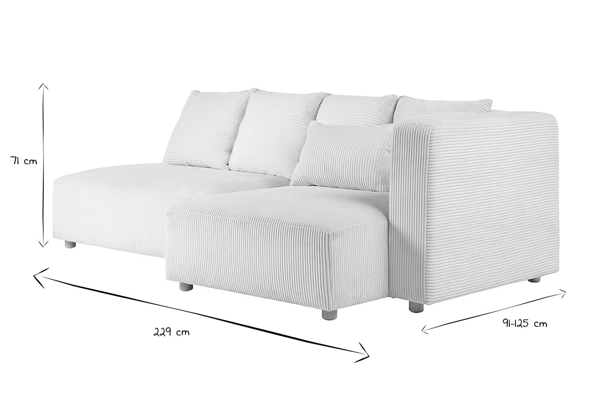 Dimensions du canap� d'angle droit HARLEM : L229 x P91-125 x H71 cm en noir et blanc.