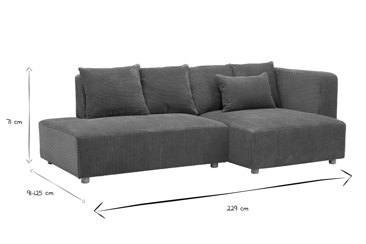Dimensions du canap� d'angle droit 3 places en noir et blanc, L229 x P91-125 x H71 cm.