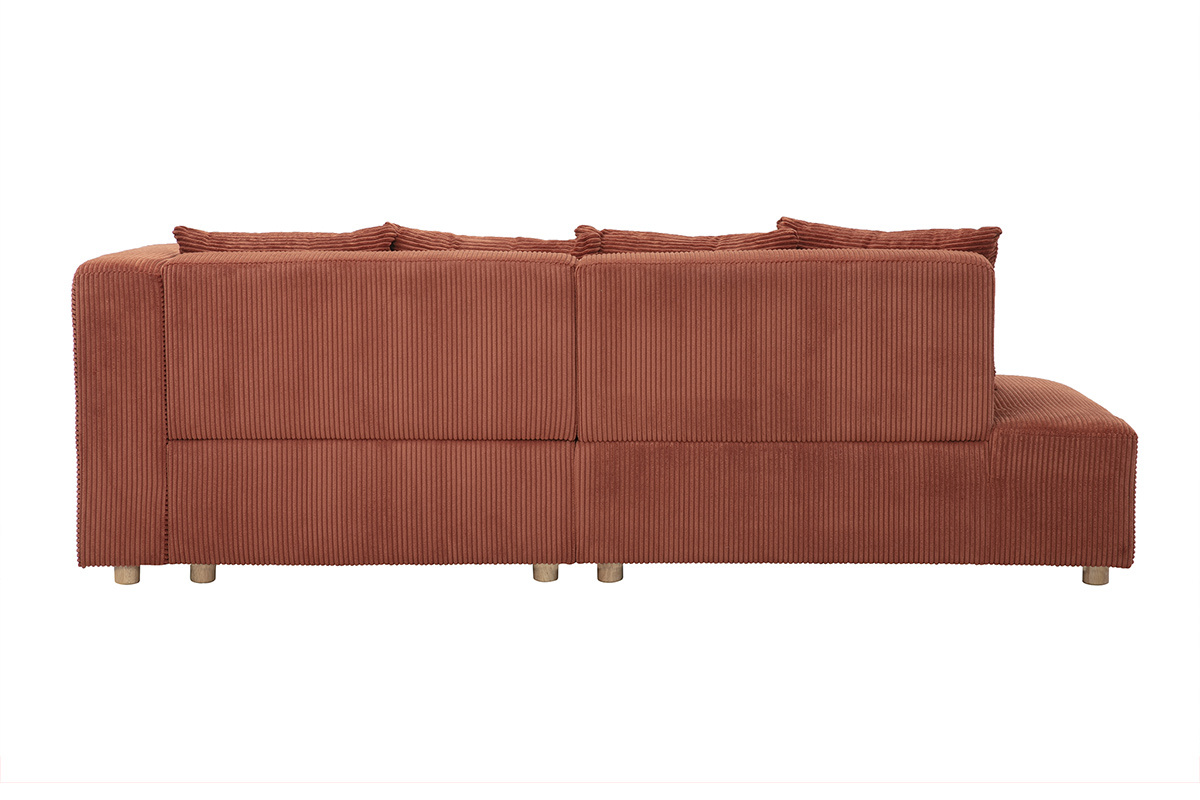 Canap� d'angle droit 3 places en tissu velours c�tel� terracotta et bois clair HARLEM