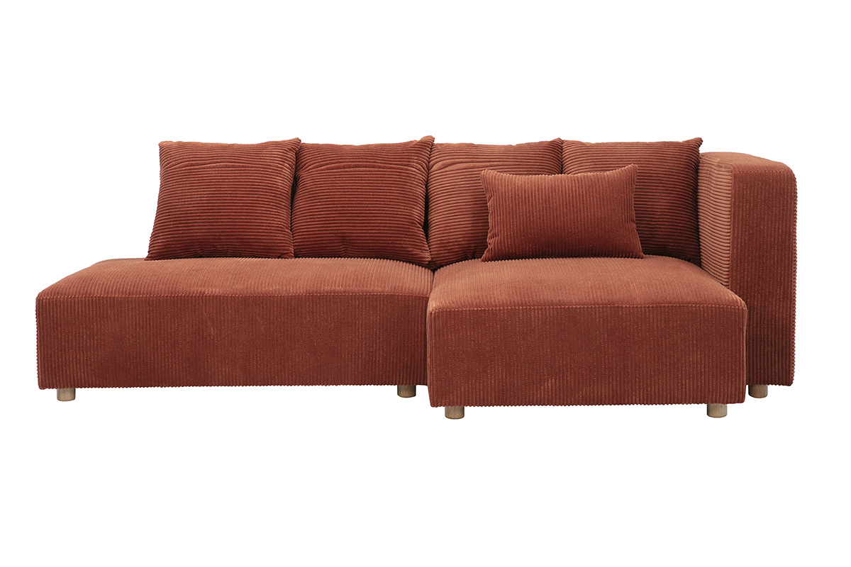 Canap� d'angle droit 3 places en tissu velours c�tel� terracotta et bois clair HARLEM
