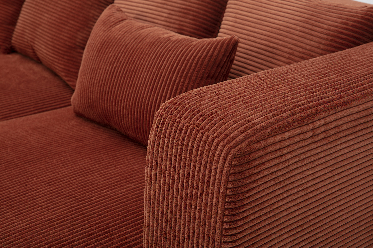 Canap� d'angle droit 3 places en tissu velours c�tel� terracotta et bois clair HARLEM