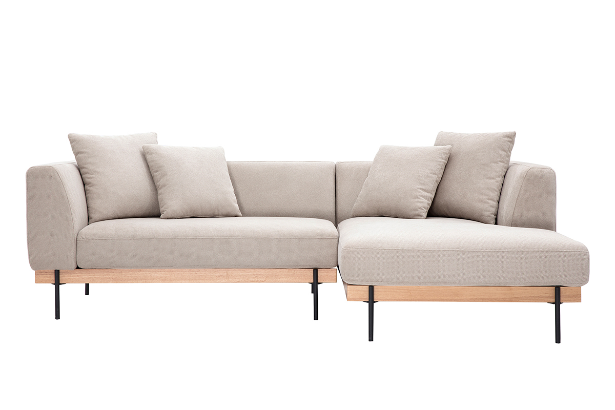 Canap� d'angle droit 4 places en tissu chenille beige avec pieds en m�tal noir.