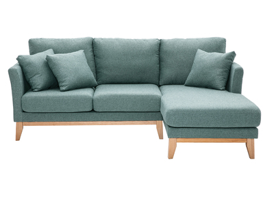 Canap&eacute; d'angle droit d&eacute;houssable scandinave 4 places en tissu vert de gris et bois clair OSLO