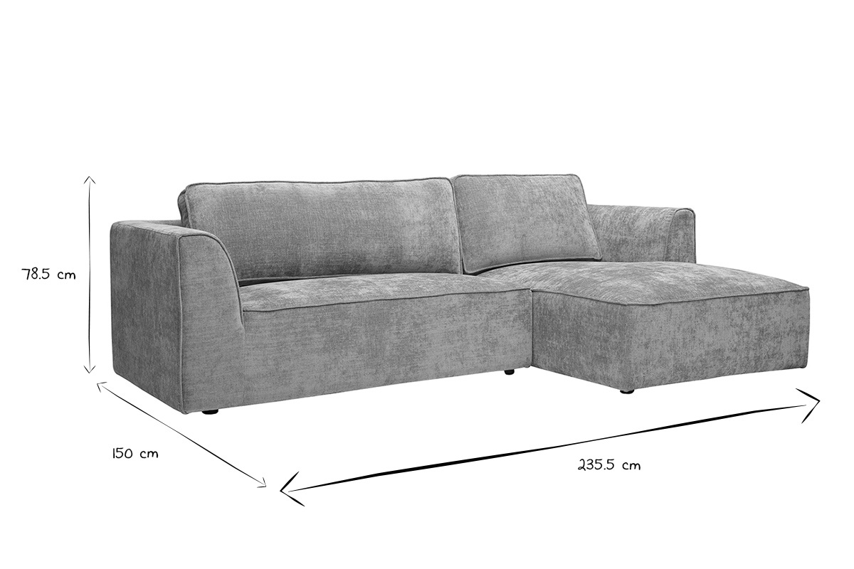 Canap� d'angle droit 3 places en velours textur� gris avec dimensions L235,5 x P150 x H78,5 cm, vue de c�t�.