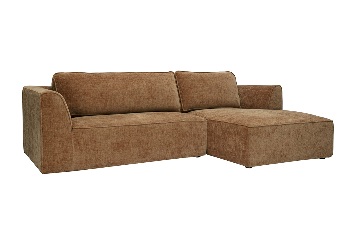 Canap� d'angle droit en tissu velours terre br�l�e, 3 places, vue de 3/4.