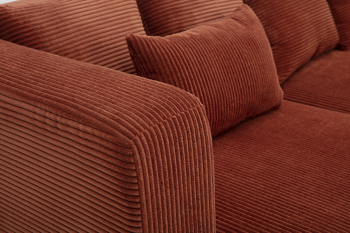 Canap� d'angle gauche 3 places en tissu velours c�tel� terracotta et bois clair HARLEM