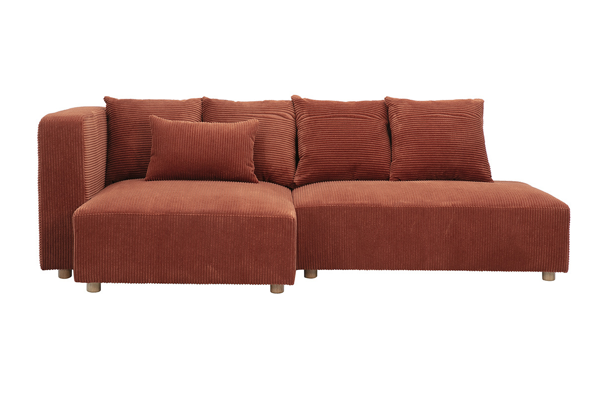 Canap� d'angle gauche 3 places en tissu velours c�tel� terracotta et bois clair HARLEM