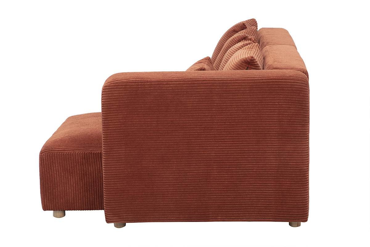 Canap� d'angle gauche 3 places en tissu velours c�tel� terracotta et bois clair HARLEM