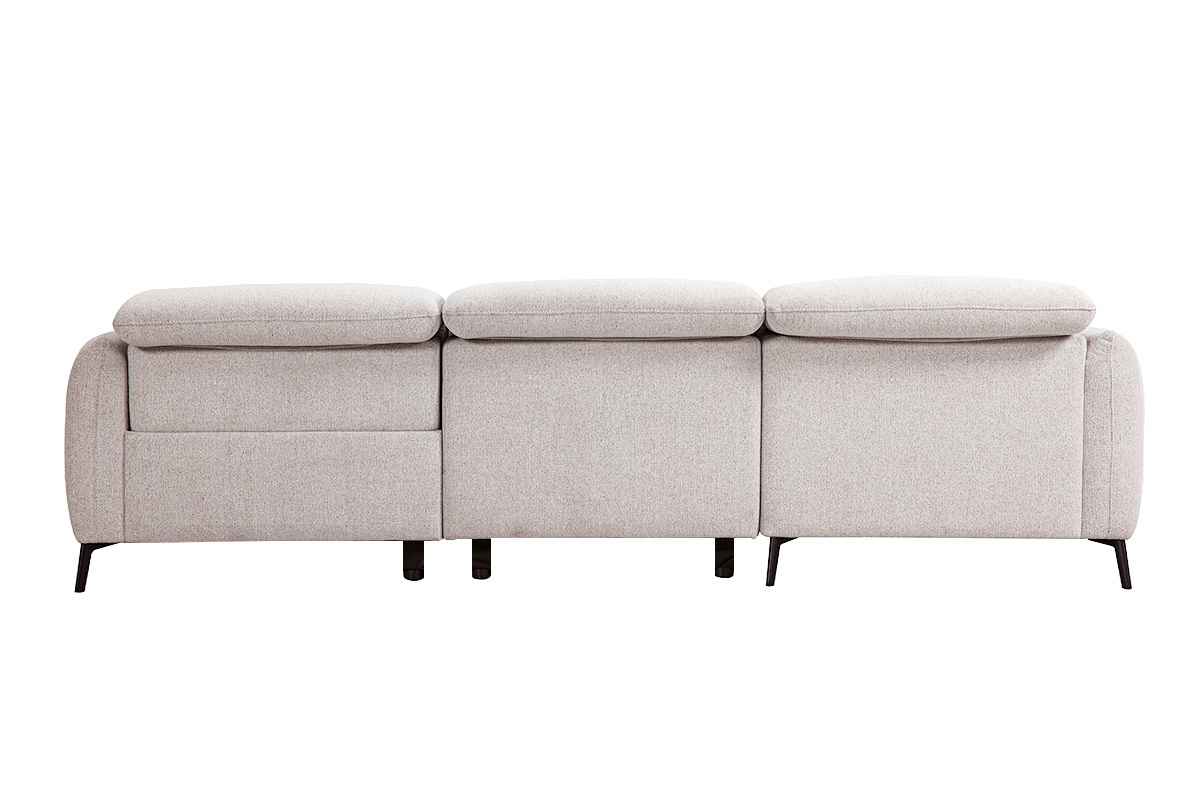Canap� d'angle �lectrique beige vue de dos avec t�ti�res ajustables et accoudoirs arrondis