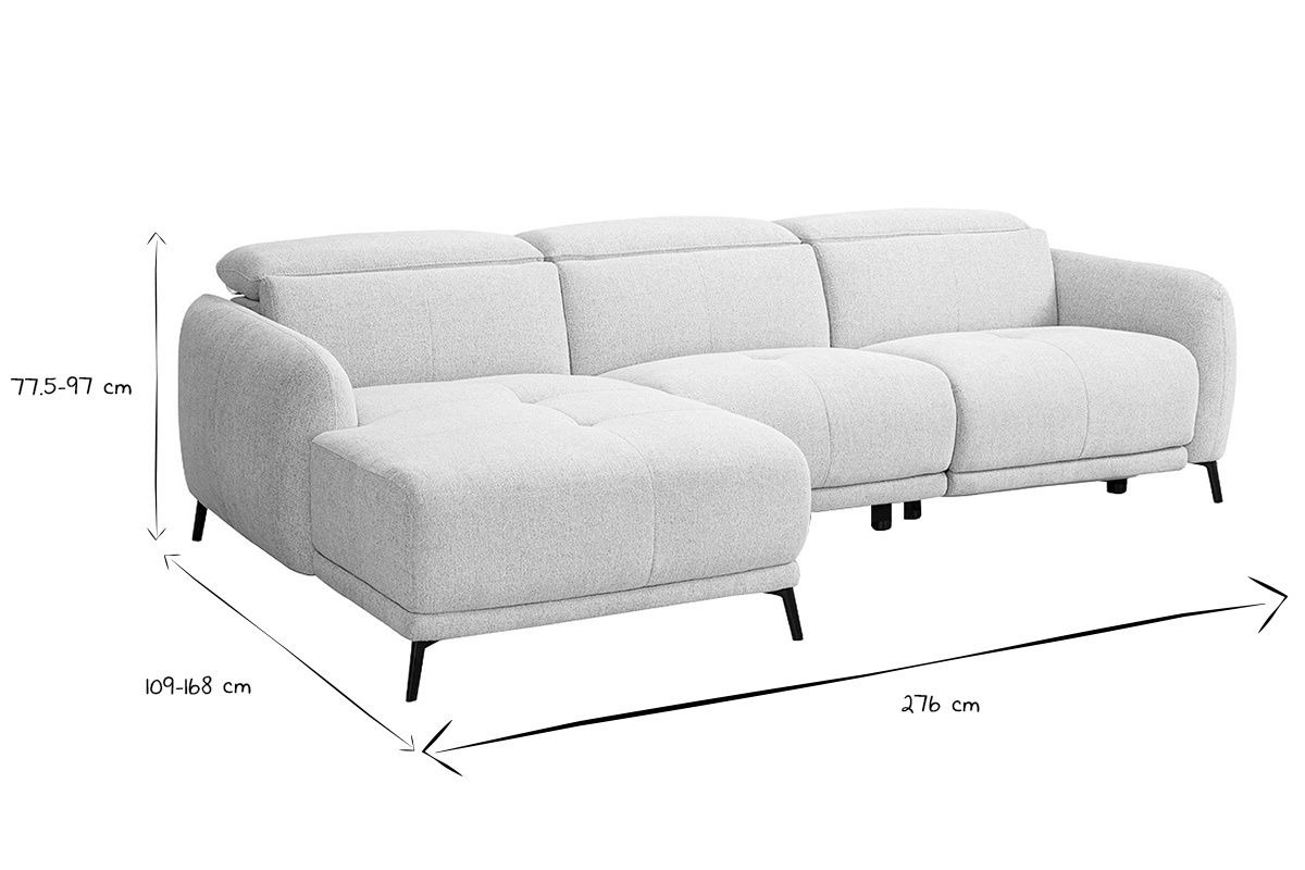 Dimensions du canap� d'angle �lectrique en noir et blanc, 276 cm de long, 77.5-97 cm de haut, 109-168 cm de profondeur.