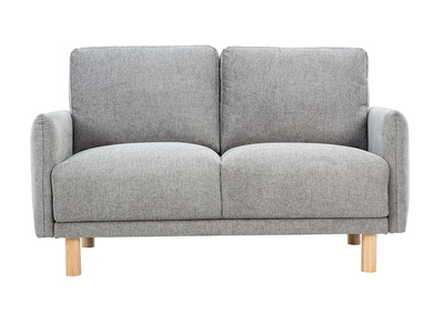 Canap&eacute; design 2 places en tissu effet velours textur&eacute; gris et bois clair BONO