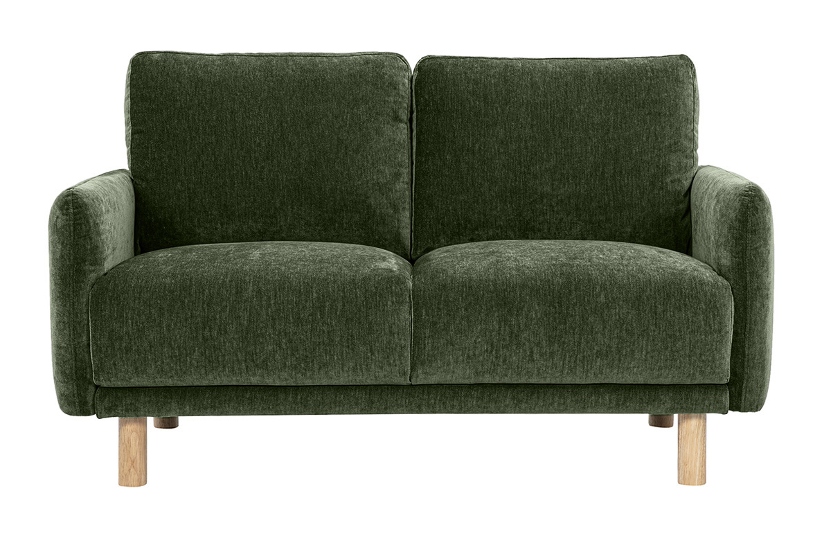 Canap� 2 places en tissu velours vert kaki avec pieds en bois, vue de face.