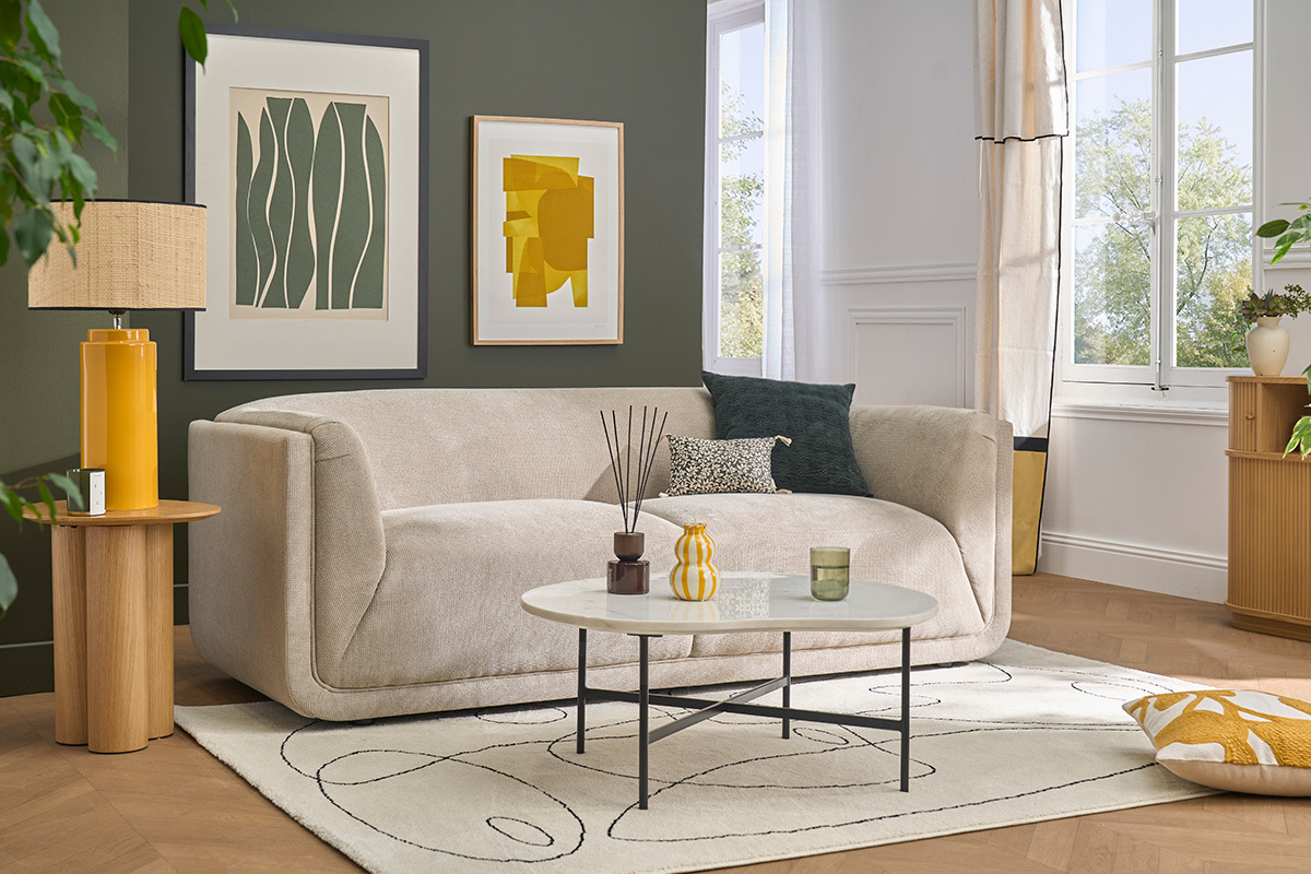 Canap� design 3 places en tissu chenille beige HOSBO