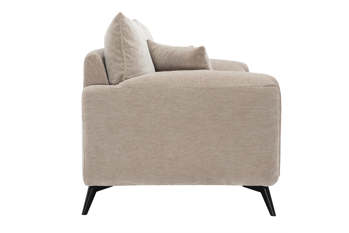 Canap� 3 places taupe en tissu velours, vue de c�t�, pieds en m�tal noir.