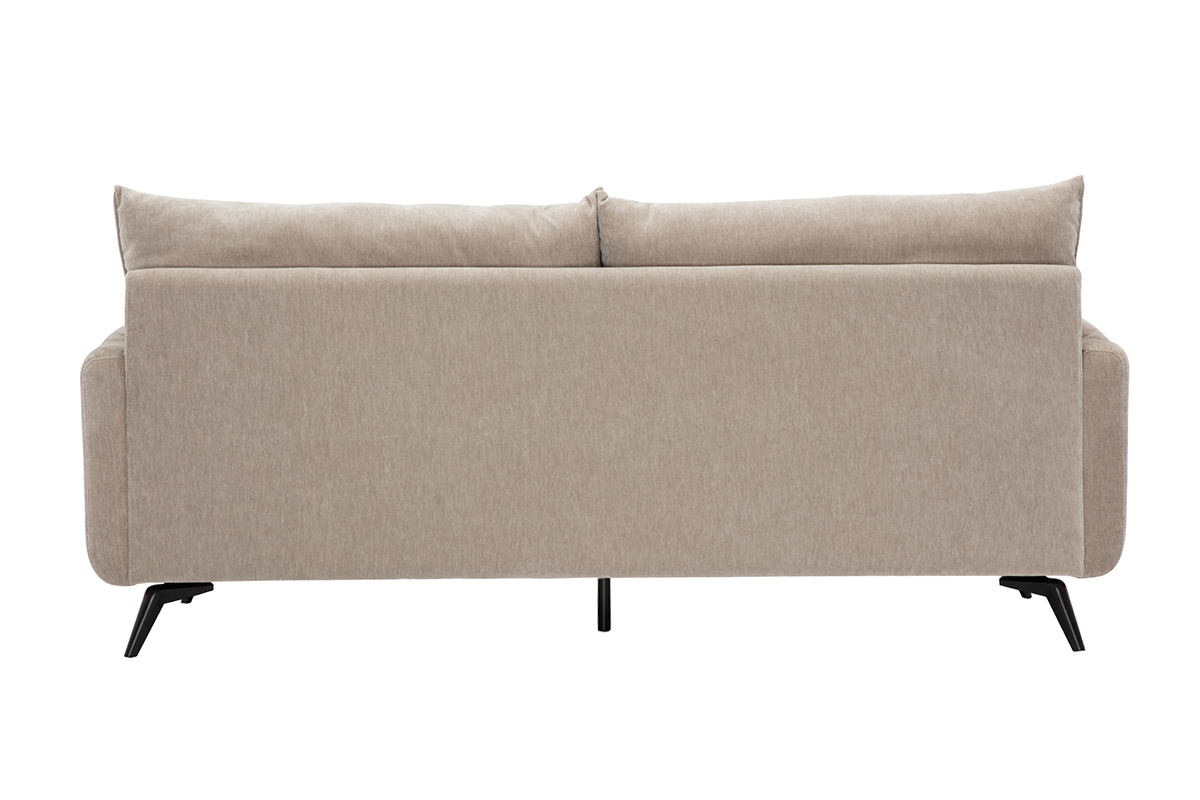 Canap� 3 places vue de dos, tissu effet velours taupe, pieds en m�tal noir.