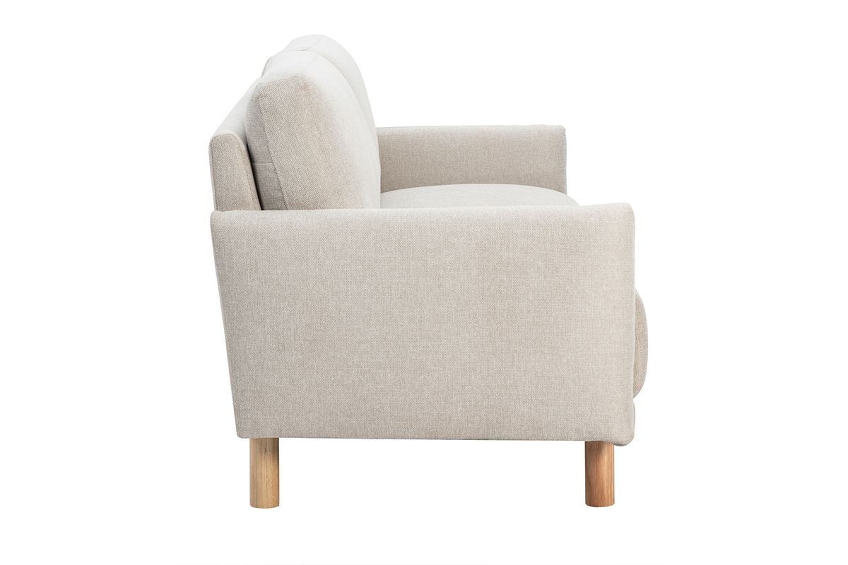 Canap� beige 3 places en tissu effet velours, vue de c�t�, pieds en bois clair.