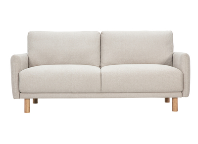 Canap&eacute; design 3 places en tissu effet velours textur&eacute; beige et bois clair BONO