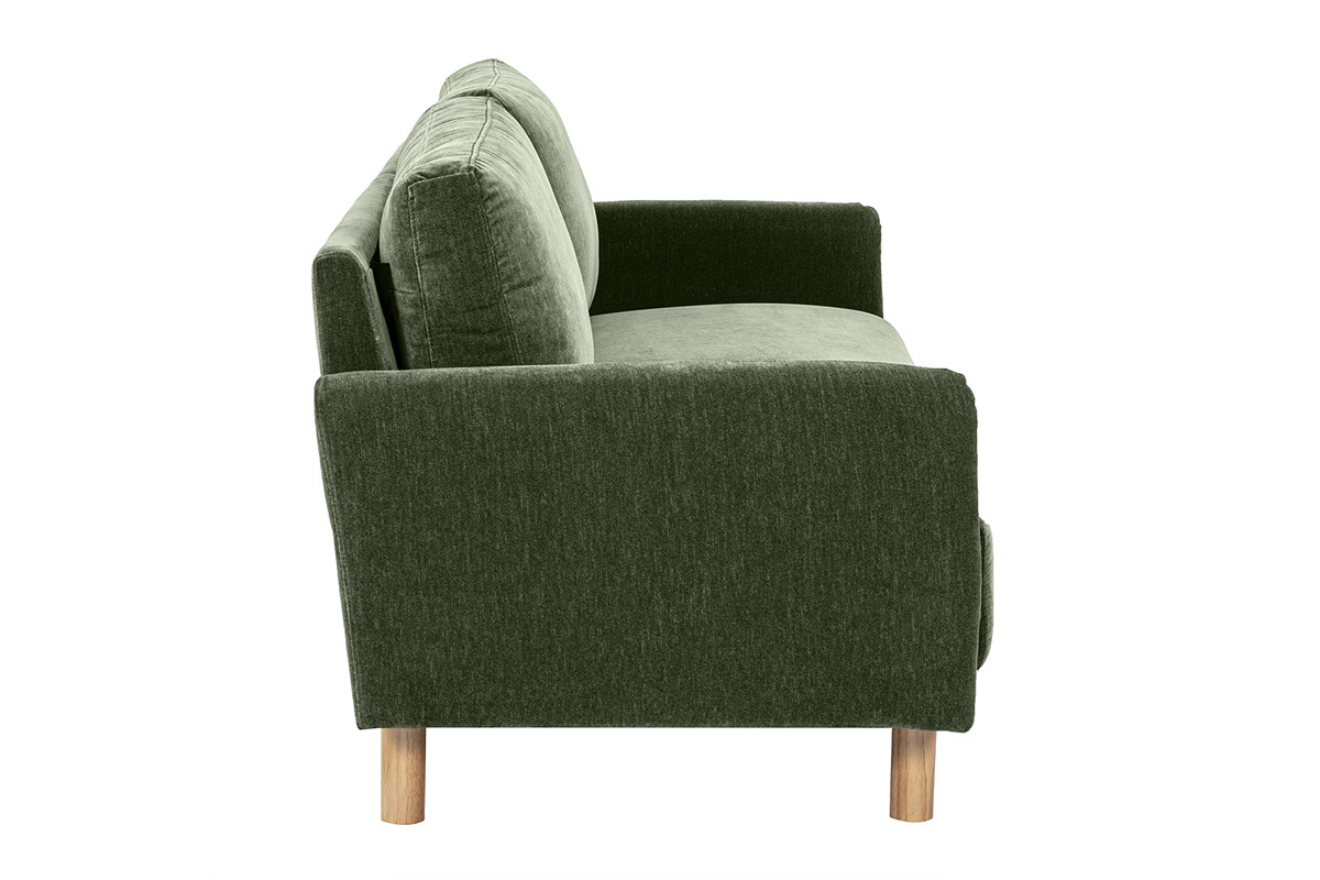Canap� 3 places en tissu vert kaki et pieds en bois clair, vue de profil.